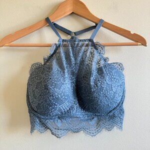 Pink Victoria Secret Push Up Pigeonnant Bra Sz S D-DD THE EYELASH LACE HIGH NECK